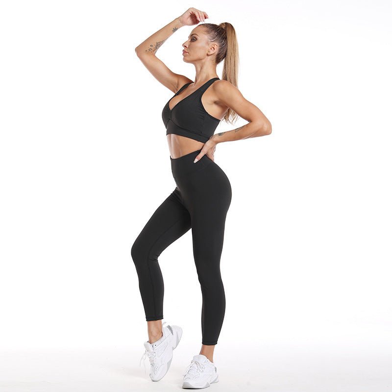 Women's 3-piece fitness and yoga set featuring a short top, a supportive sports bra, and butt lift pants. Designed with breathable, stretchable materials for optimal comfort and performance. A versatile and stylish ensemble suitable for workouts, yoga sessions, or casual athleisure wear.- TNT Fitness Gear