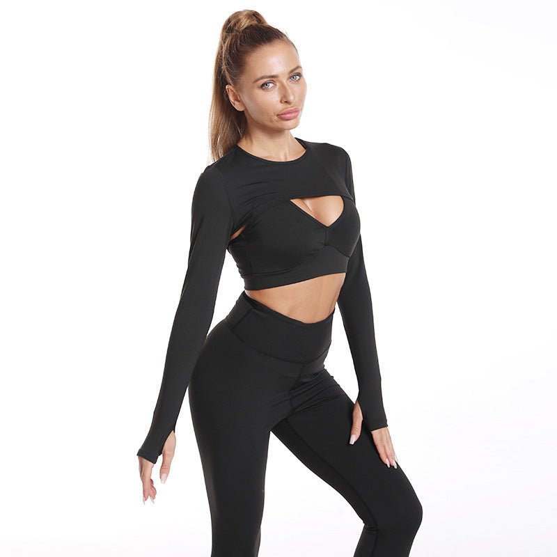 Women's 3-piece fitness and yoga set featuring a short top, a supportive sports bra, and butt lift pants. Designed with breathable, stretchable materials for optimal comfort and performance. A versatile and stylish ensemble suitable for workouts, yoga sessions, or casual athleisure wear.- TNT Fitness Gear