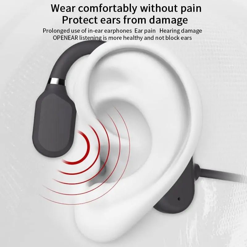 Open Ear Hook Bone Conduction Lightweight Sports Earphones designed for comfort and safety. Features bone conduction technology for clear sound while keeping your ears open, perfect for outdoor activities and workouts. TNT Fitness Gear