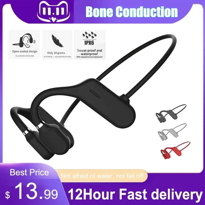 Open Ear Hook Bone Conduction Lightweight Sports Earphones designed for comfort and safety. Features bone conduction technology for clear sound while keeping your ears open, perfect for outdoor activities and workouts. TNT Fitness Gear