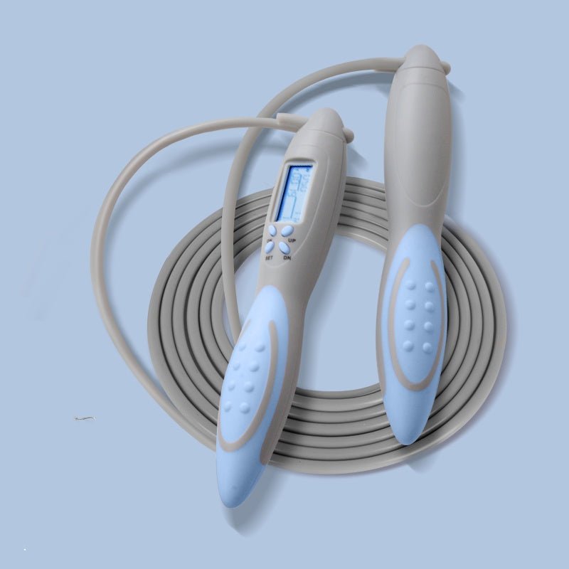 Fat burning counting jump rope with a 2.8m adjustable rope, cordless option, and built-in counter for tracking. Made of ABS, TPR, PVC, steel wire, and electronic components. Ideal for fitness exams, outdoor workouts, and indoor exercises. Available in powder gray and blue gray."- TNT Fitness Gear