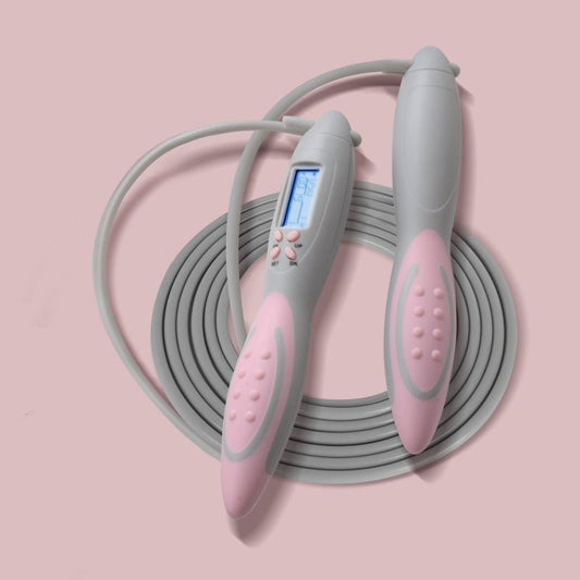 Fat burning counting jump rope with a 2.8m adjustable rope, cordless option, and built-in counter for tracking. Made of ABS, TPR, PVC, steel wire, and electronic components. Ideal for fitness exams, outdoor workouts, and indoor exercises. Available in powder gray and blue gray."- TNT Fitness Gear