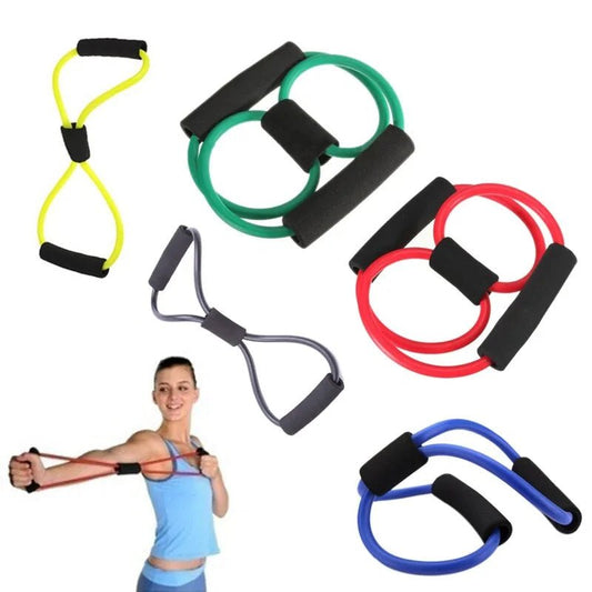 Rubber Tube Figure 8 Resistance Bands designed for strength training, physical therapy, and muscle toning. Lightweight and durable, featuring a figure-8 design for versatile workouts targeting different muscle groups at home or on the go. TNT Fitness Gear