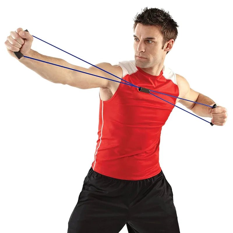 Rubber Tube Figure 8 Resistance Bands designed for strength training, physical therapy, and muscle toning. Lightweight and durable, featuring a figure-8 design for versatile workouts targeting different muscle groups at home or on the go. TNT Fitness Gear