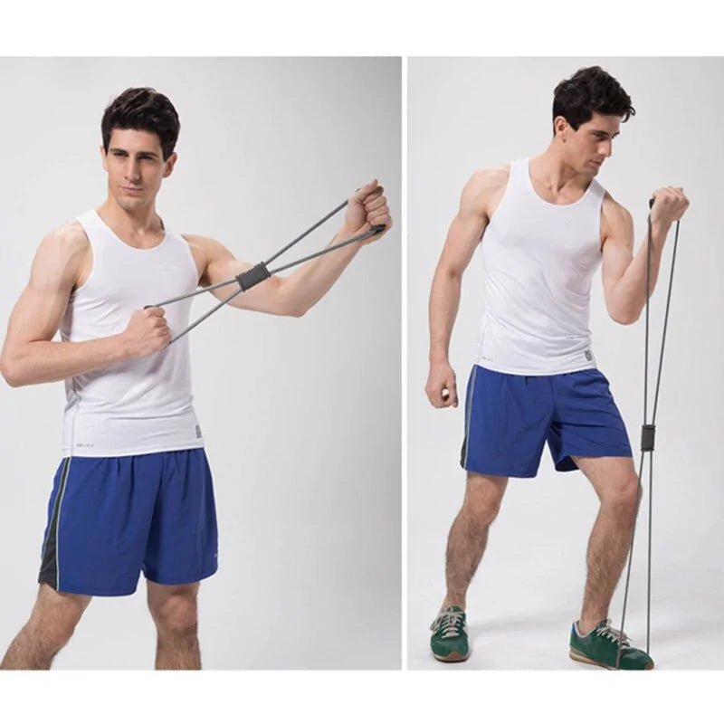 Rubber Tube Figure 8 Resistance Bands designed for strength training, physical therapy, and muscle toning. Lightweight and durable, featuring a figure-8 design for versatile workouts targeting different muscle groups at home or on the go. TNT Fitness Gears