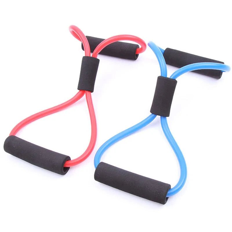 Rubber Tube Figure 8 Resistance Bands designed for strength training, physical therapy, and muscle toning. Lightweight and durable, featuring a figure-8 design for versatile workouts targeting different muscle groups at home or on the go. TNT Fitness Gear