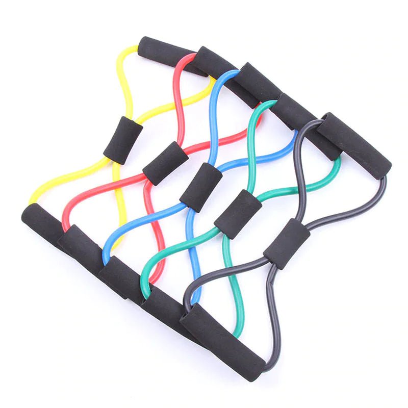 Rubber Tube Figure 8 Resistance Bands designed for strength training, physical therapy, and muscle toning. Lightweight and durable, featuring a figure-8 design for versatile workouts targeting different muscle groups at home or on the go. TNT Fitness Gear