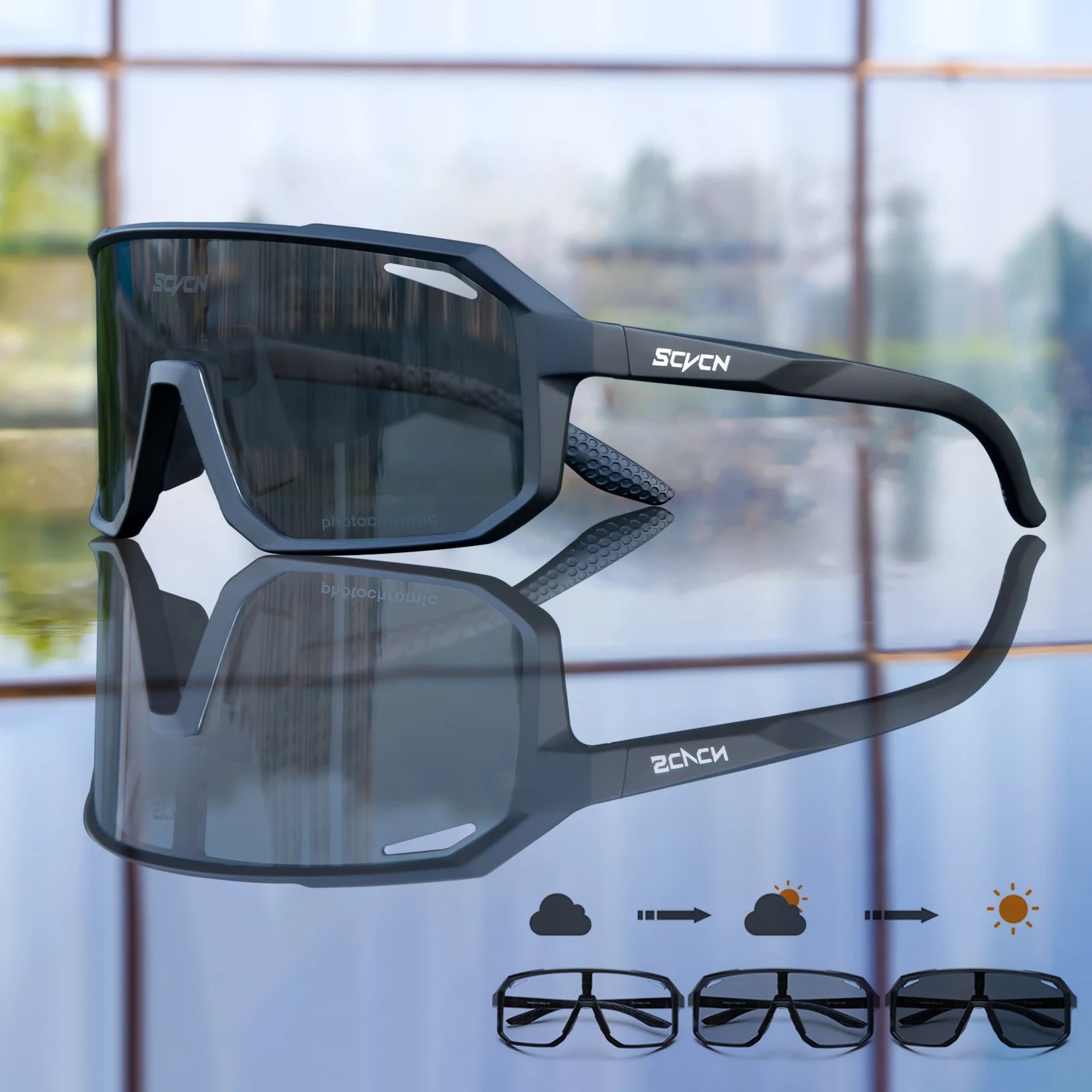 SCVCN Cycling Sunglasses with photochromic lenses that adapt to changing light conditions. Offers 100% UV protection, lightweight durability, and an ergonomic fit for long rides. Perfect for cycling, hiking, running, and other outdoor activities, combining style and functionality- TNT Fitness Gear