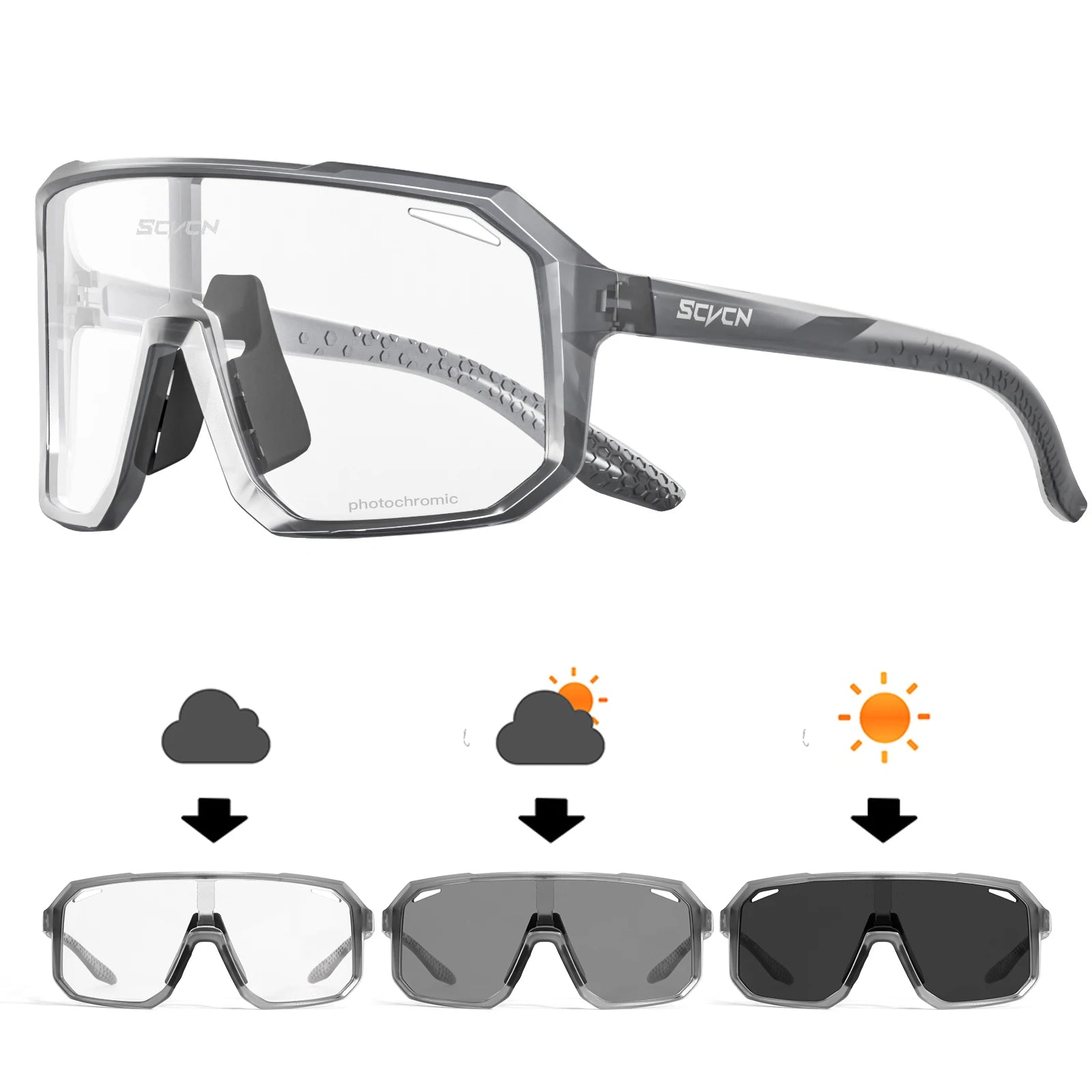 SCVCN Cycling Sunglasses with photochromic lenses that adapt to changing light conditions. Offers 100% UV protection, lightweight durability, and an ergonomic fit for long rides. Perfect for cycling, hiking, running, and other outdoor activities, combining style and functionality- TNT Fitness Gear