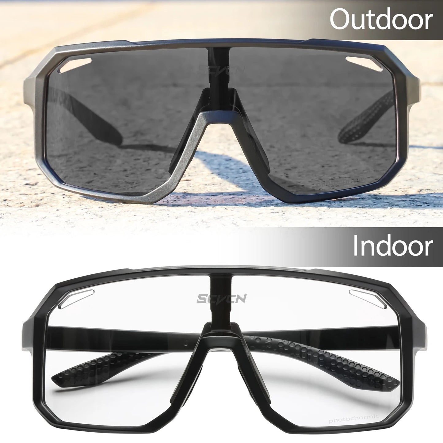 SCVCN Cycling Sunglasses with photochromic lenses that adapt to changing light conditions. Offers 100% UV protection, lightweight durability, and an ergonomic fit for long rides. Perfect for cycling, hiking, running, and other outdoor activities, combining style and functionality- TNT Fitness Gear