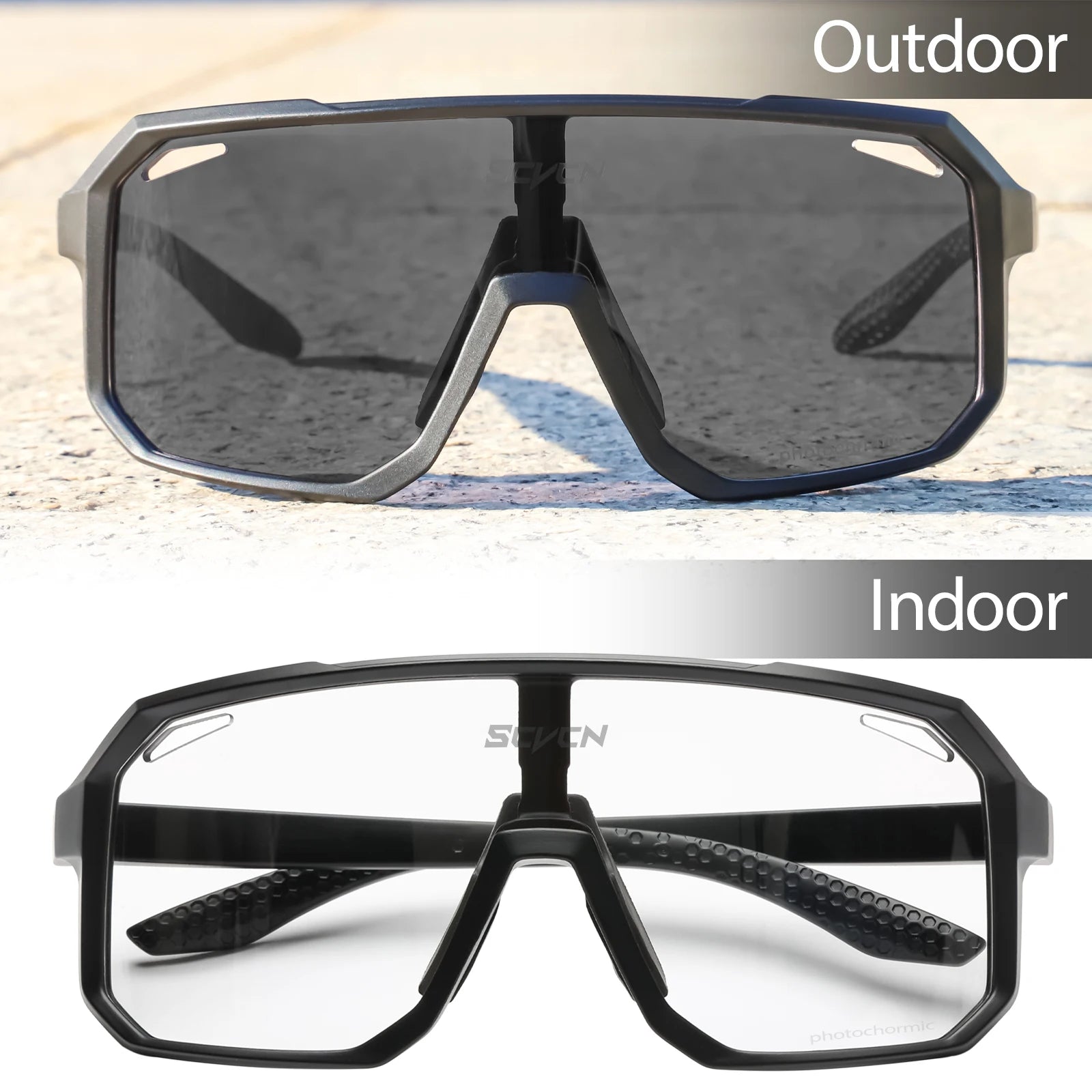 SCVCN Cycling Sunglasses with photochromic lenses that adapt to changing light conditions. Offers 100% UV protection, lightweight durability, and an ergonomic fit for long rides. Perfect for cycling, hiking, running, and other outdoor activities, combining style and functionality- TNT Fitness Gear
