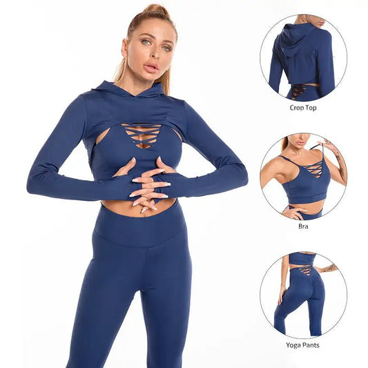 Seamless 3-piece sport suit featuring a comfortable, breathable, and stretchy design. Perfect for workouts and athleisure, this set offers flexibility and style, keeping you supported during intense training sessions - TNT Fitness Gear