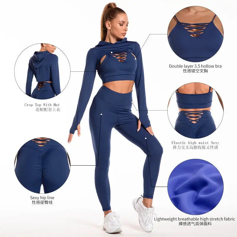 Seamless 3-piece sport suit featuring a comfortable, breathable, and stretchy design. Perfect for workouts and athleisure, this set offers flexibility and style, keeping you supported during intense training sessions - TNT Fitness Gear