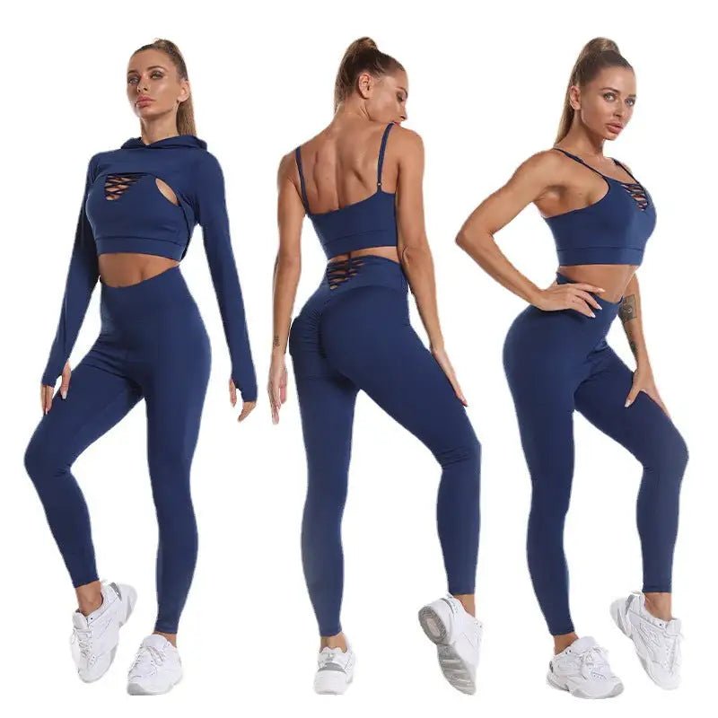 Seamless 3-piece sport suit featuring a comfortable, breathable, and stretchy design. Perfect for workouts and athleisure, this set offers flexibility and style, keeping you supported during intense training sessions - TNT Fitness Gear