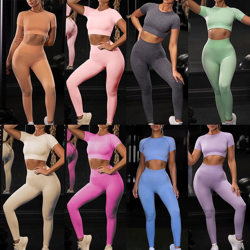 Women's seamless yoga set with short-sleeve top & trousers, in breathable nylon-spandex. Solid colors: hemp grey, pink, sky blue, orange, green, purple & red. By TNT Fitness Gear. Perfect for workouts
