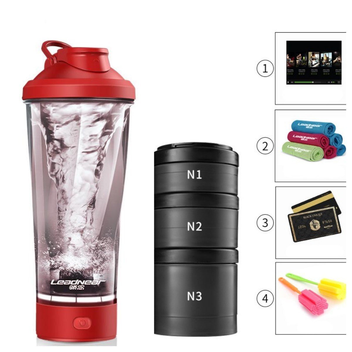 Leadnear Electric Protein Shaking Cup with a portable design for effortlessly blending protein shakes and smoothies. Compact, lightweight, and available in grey, white, and pink, it features easy operation and cleaning, ideal for use at the gym, office, or home. TNT Fitness Gear