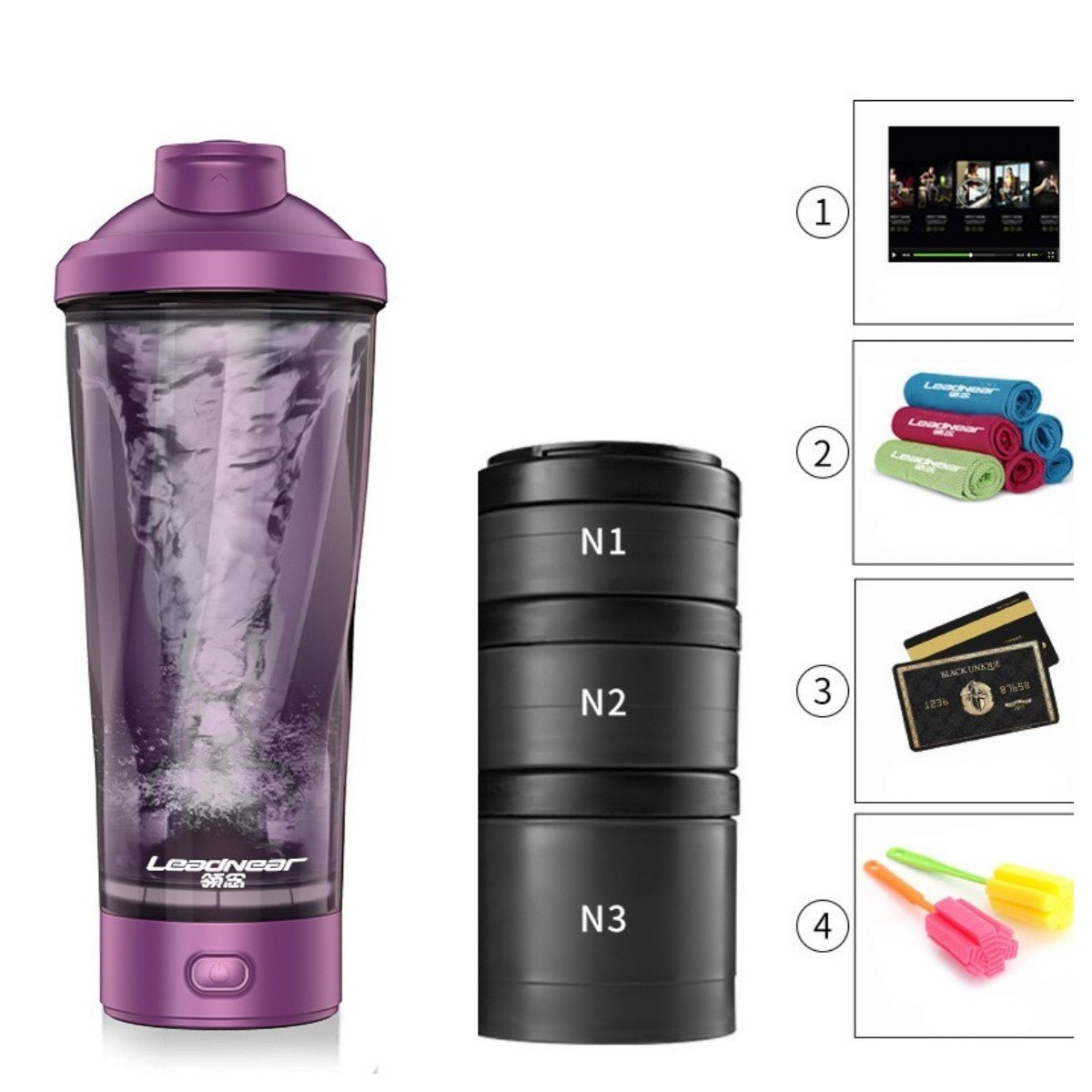 Leadnear Electric Protein Shaking Cup with a portable design for effortlessly blending protein shakes and smoothies. Compact, lightweight, and available in grey, white, and pink, it features easy operation and cleaning, ideal for use at the gym, office, or home. TNT Fitness Gear