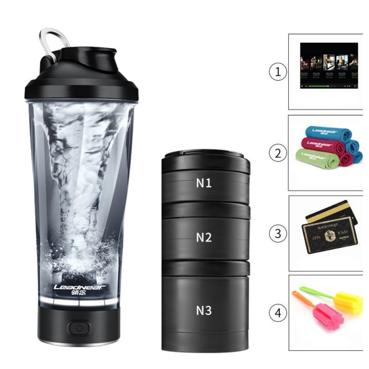 Leadnear Electric Protein Shaking Cup with a portable design for effortlessly blending protein shakes and smoothies. Compact, lightweight, and available in grey, white, and pink, it features easy operation and cleaning, ideal for use at the gym, office, or home. TNT Fitness Gear