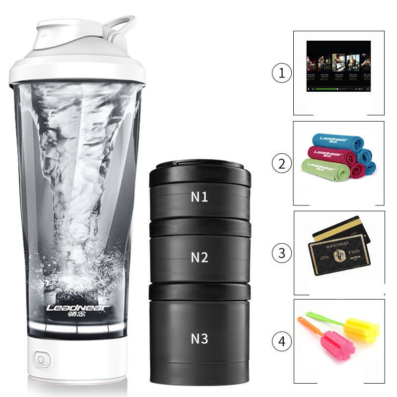 Leadnear Electric Protein Shaking Cup with a portable design for effortlessly blending protein shakes and smoothies. Compact, lightweight, and available in grey, white, and pink, it features easy operation and cleaning, ideal for use at the gym, office, or home. TNT Fitness Gear