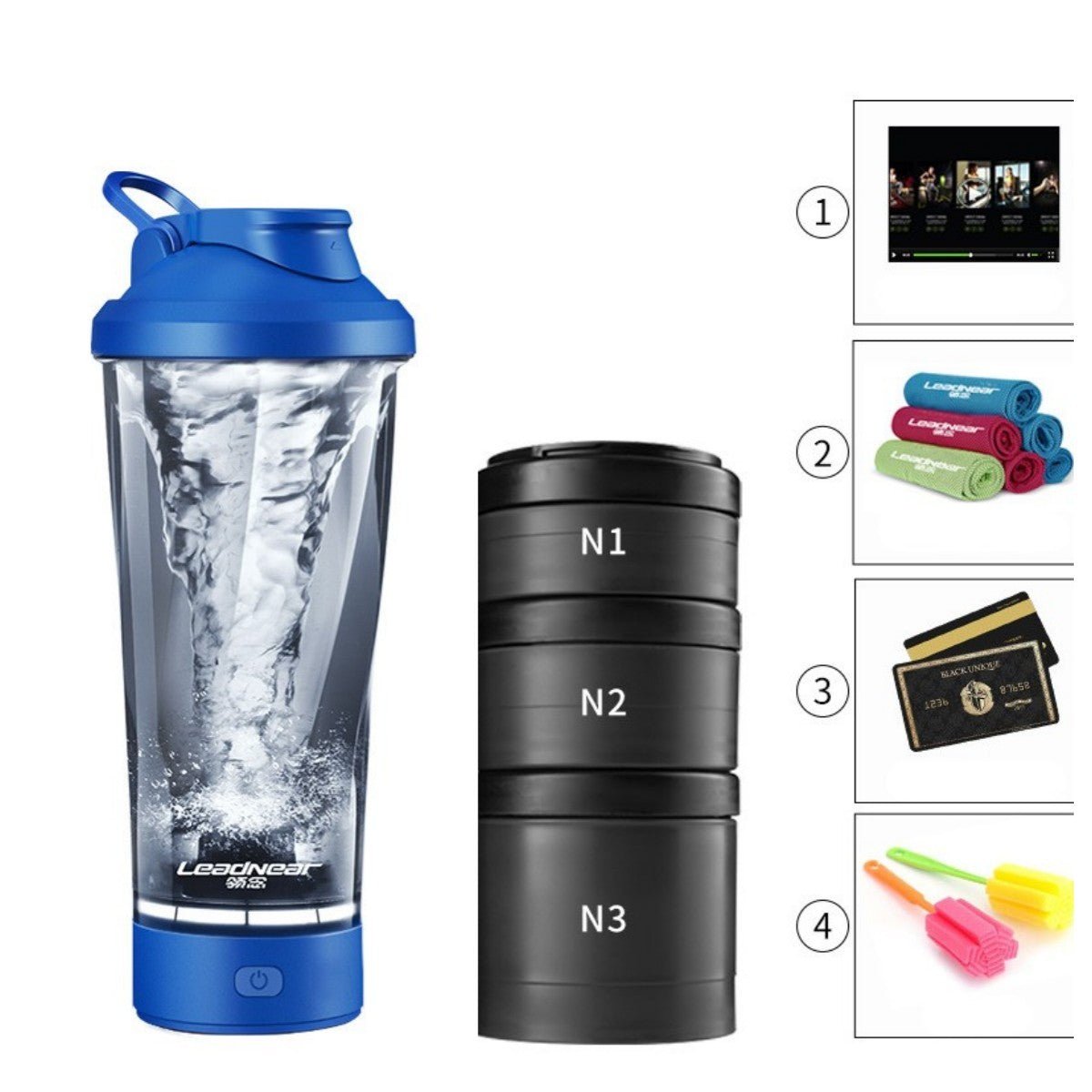 Leadnear Electric Protein Shaking Cup with a portable design for effortlessly blending protein shakes and smoothies. Compact, lightweight, and available in grey, white, and pink, it features easy operation and cleaning, ideal for use at the gym, office, or home. TNT Fitness Gear