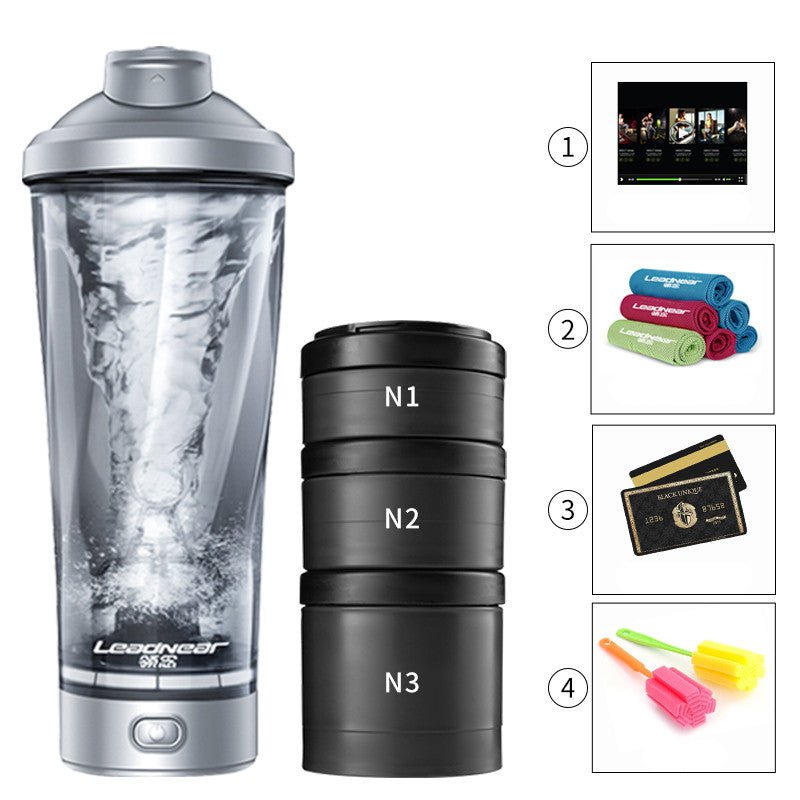 Leadnear Electric Protein Shaking Cup with a portable design for effortlessly blending protein shakes and smoothies. Compact, lightweight, and available in grey, white, and pink, it features easy operation and cleaning, ideal for use at the gym, office, or home. TNT Fitness Gear