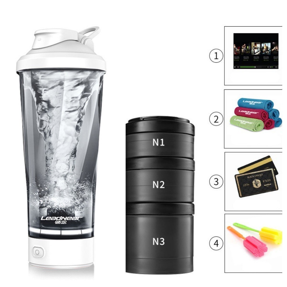 Leadnear Electric Protein Shaking Cup with a portable design for effortlessly blending protein shakes and smoothies. Compact, lightweight, and available in grey, white, and pink, it features easy operation and cleaning, ideal for use at the gym, office, or home. TNT Fitness Gear