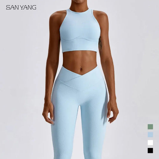 Stylish and comfortable women's two-piece fitness gym wear set featuring a matching sports bra and high-waisted leggings. Ideal for workouts, yoga, and casual wear, made from stretchy, moisture-wicking fabric