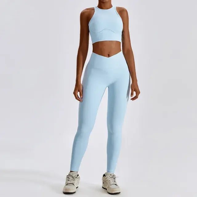 Stylish and comfortable women's two-piece fitness gym wear set featuring a matching sports bra and high-waisted leggings. Ideal for workouts, yoga, and casual wear, made from stretchy, moisture-wicking fabric