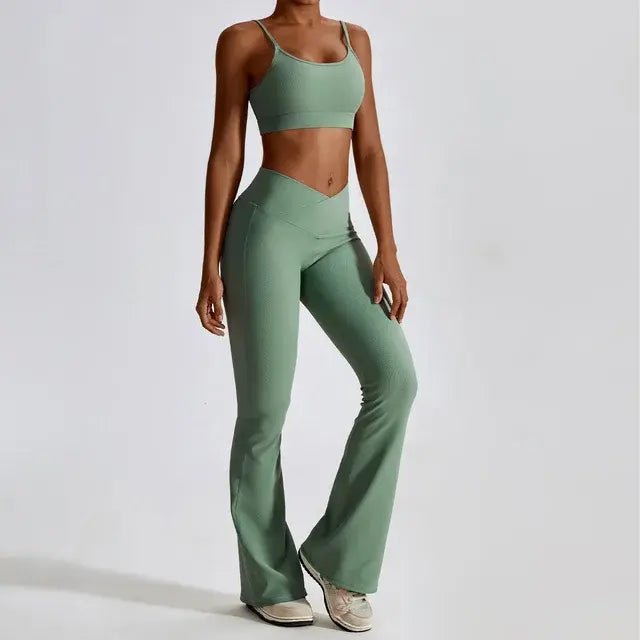 Stylish and comfortable women's two-piece fitness gym wear set featuring a matching sports bra and high-waisted leggings. Ideal for workouts, yoga, and casual wear, made from stretchy, moisture-wicking fabric