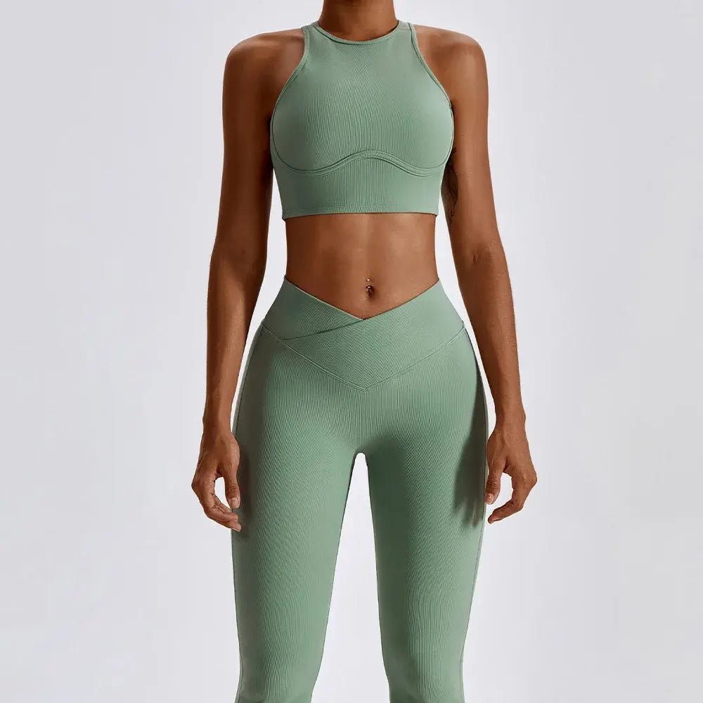 Stylish and comfortable women's two-piece fitness gym wear set featuring a matching sports bra and high-waisted leggings. Ideal for workouts, yoga, and casual wear, made from stretchy, moisture-wicking fabric