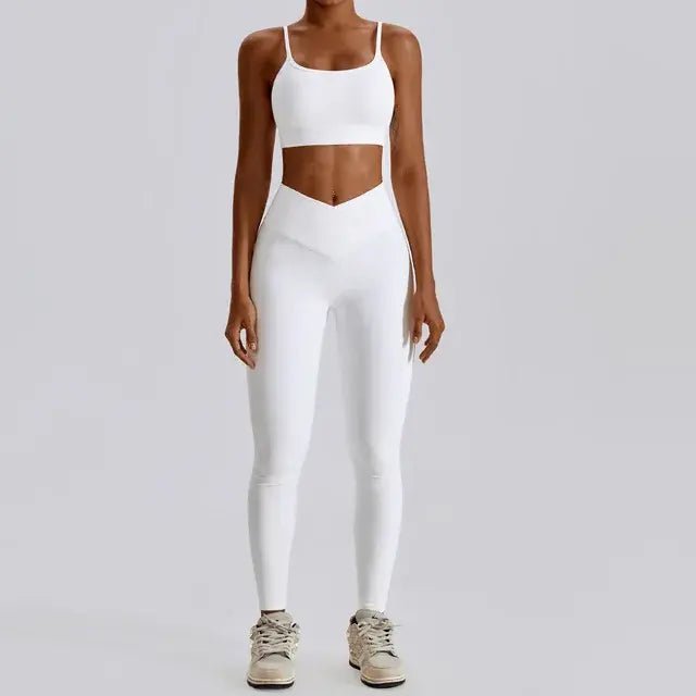 Stylish and comfortable women's two-piece fitness gym wear set featuring a matching sports bra and high-waisted leggings. Ideal for workouts, yoga, and casual wear, made from stretchy, moisture-wicking fabric