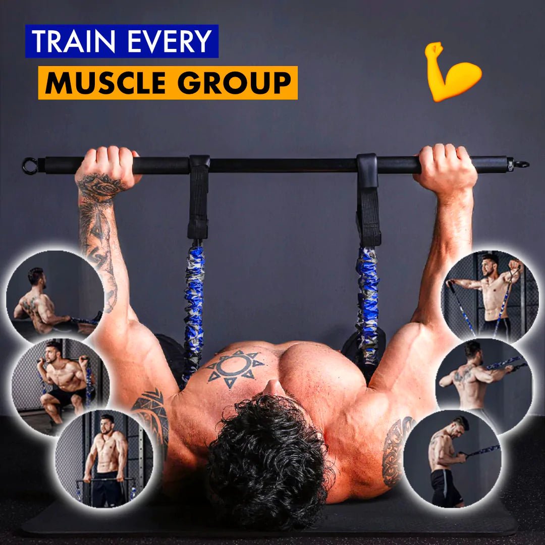 Multi-Function Strength Training Resistance Band Set designed for versatile workouts. Includes various resistance levels to target different muscle groups, perfect for strength training, physical therapy, and full-body exercises at home or on the go. TNT Fitness Gear