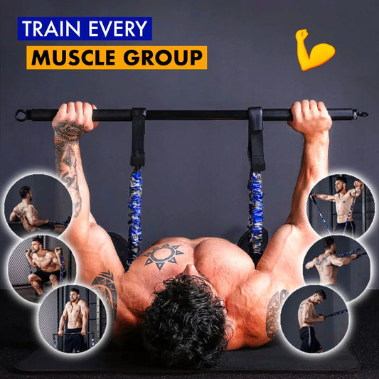 Multi-Function Strength Training Resistance Band Set designed for versatile workouts. Includes various resistance levels to target different muscle groups, perfect for strength training, physical therapy, and full-body exercises at home or on the go. TNT Fitness Gear