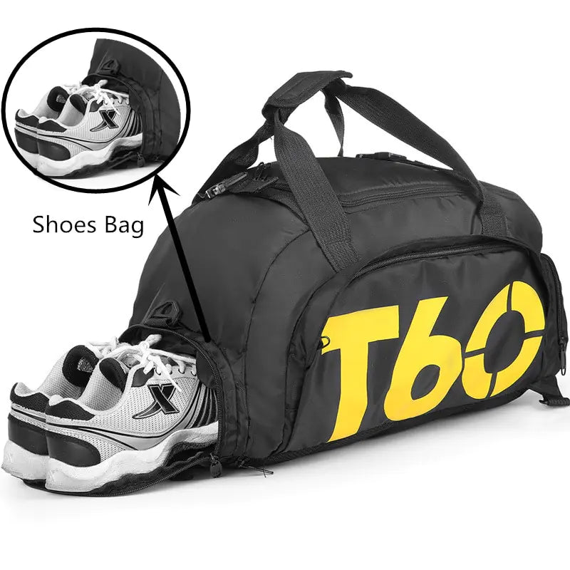 A stylish waterproof Training bag with a sleek design, featuring a separate shoe pocket, adjustable strap, and spacious compartments for travel and fitness essentials.- TNT Fitness Gear