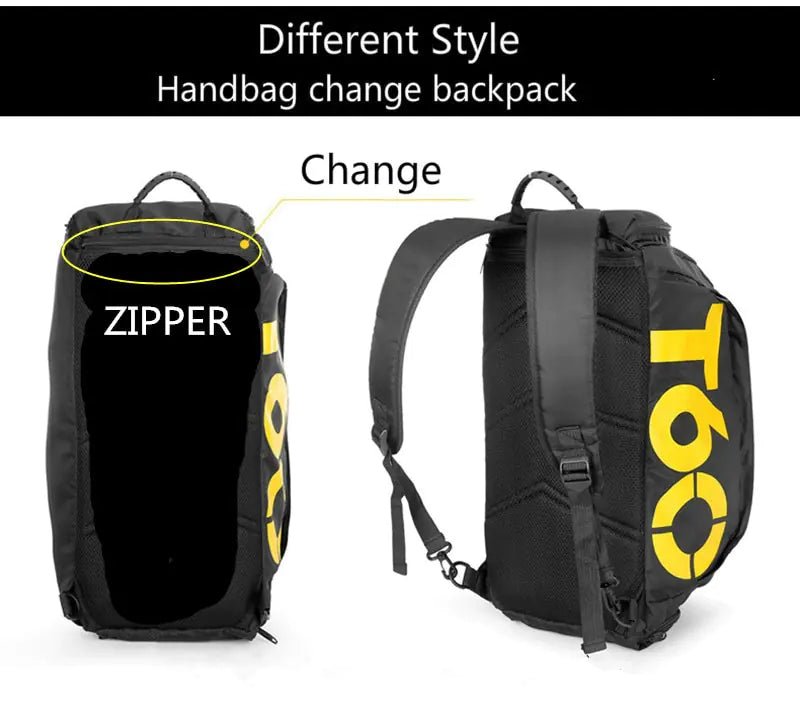 A stylish waterproof Training bag with a sleek design, featuring a separate shoe pocket, adjustable strap, and spacious compartments for travel and fitness essentials.- TNT Fitness Gear