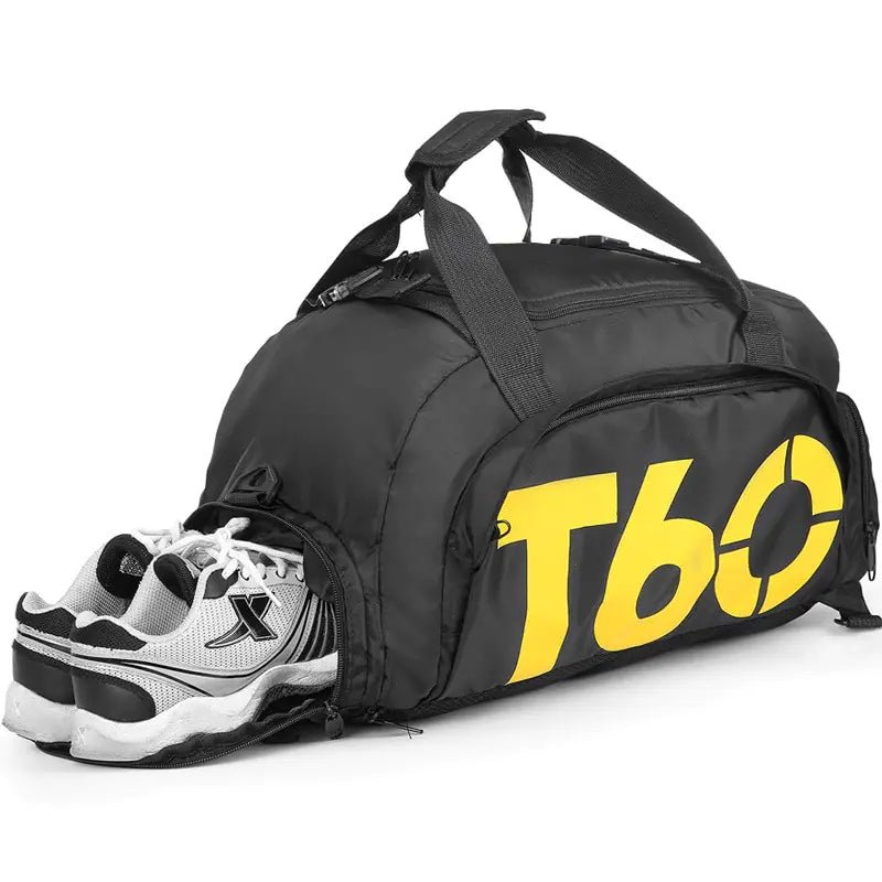 A stylish waterproof Training bag with a sleek design, featuring a separate shoe pocket, adjustable strap, and spacious compartments for travel and fitness essentials.- TNT Fitness Gear