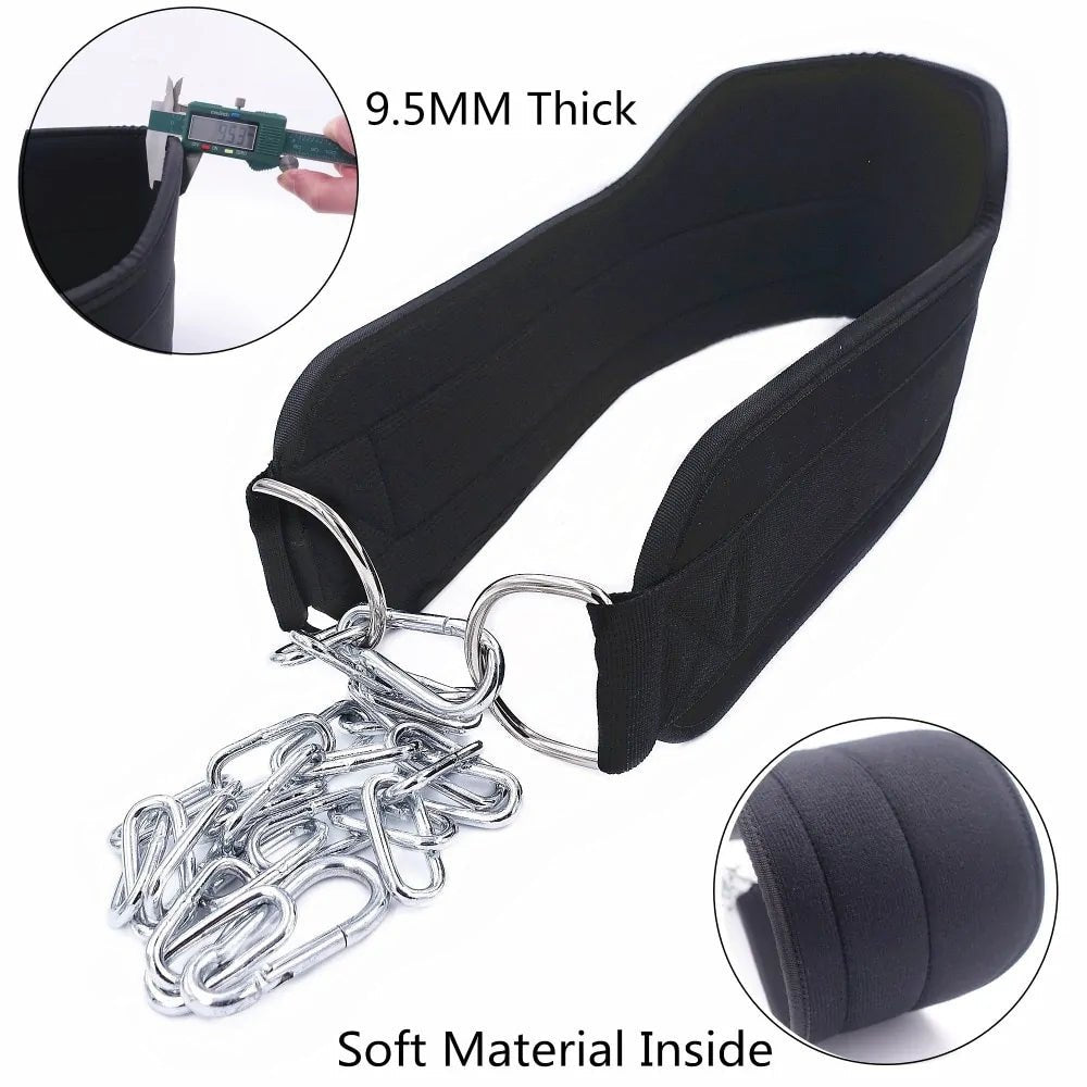 Weightlifting Dip Belt with a durable steel chain, designed for pull-ups, squats, and progressive strength training. Provides secure support and versatility for enhancing workouts, suitable for all fitness levels.- TNT Fitness Gear
