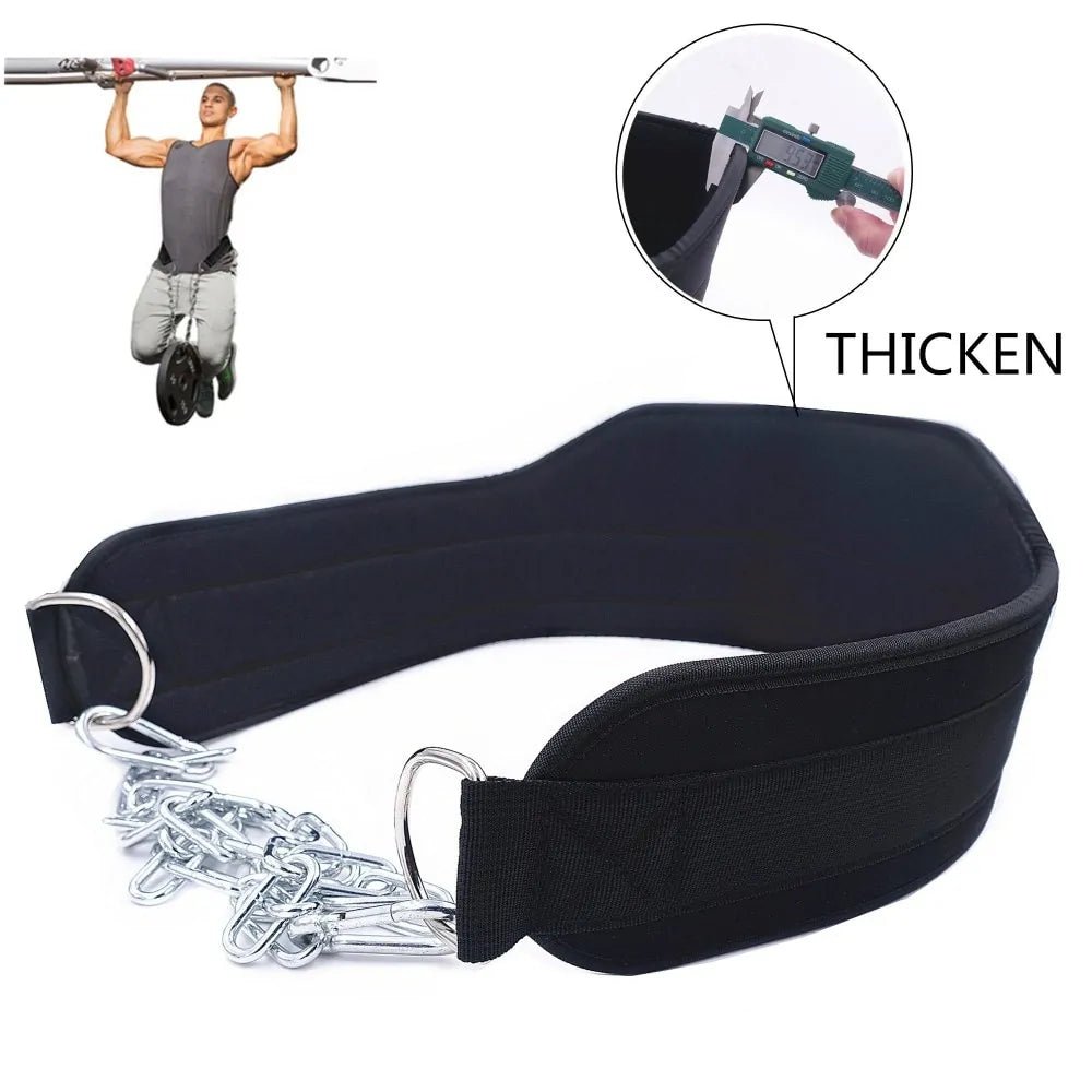 Weightlifting Dip Belt with a durable steel chain, designed for pull-ups, squats, and progressive strength training. Provides secure support and versatility for enhancing workouts, suitable for all fitness levels.- TNT Fitness Gear