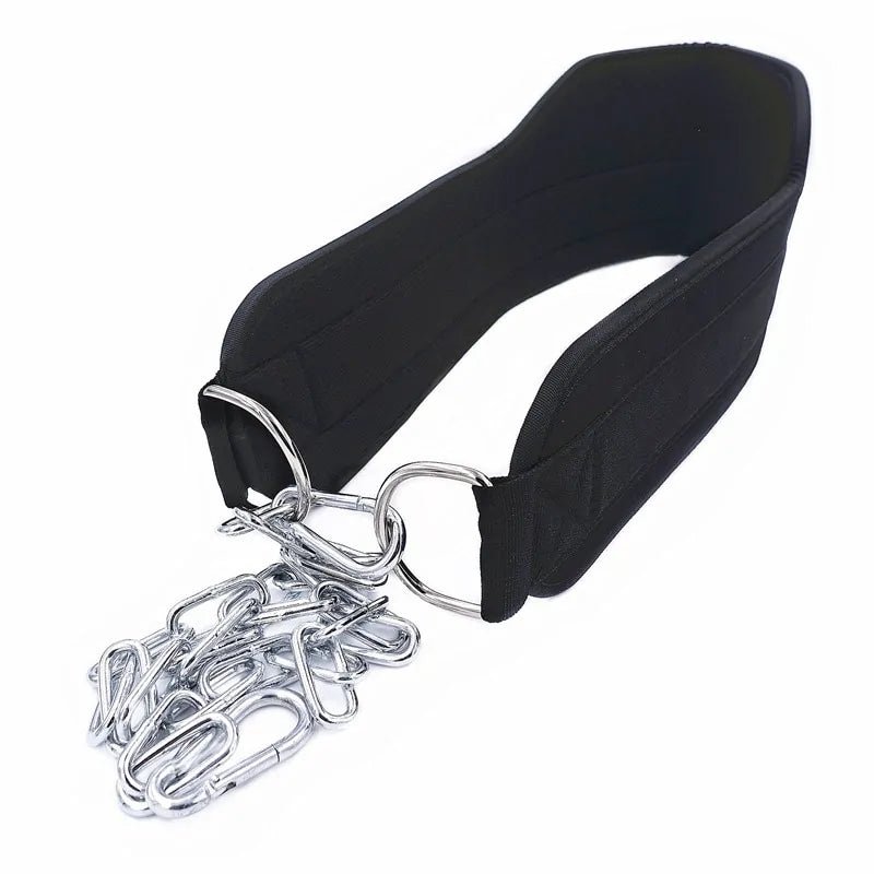 Weightlifting Dip Belt with a durable steel chain, designed for pull-ups, squats, and progressive strength training. Provides secure support and versatility for enhancing workouts, suitable for all fitness levels.- TNT Fitness Gear
