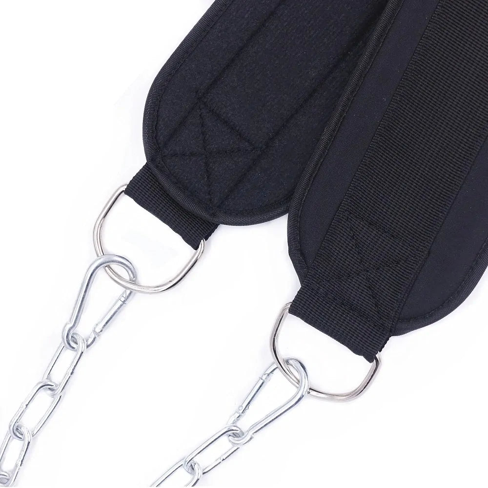 Weightlifting Dip Belt with a durable steel chain, designed for pull-ups, squats, and progressive strength training. Provides secure support and versatility for enhancing workouts, suitable for all fitness levels.- TNT Fitness Gear