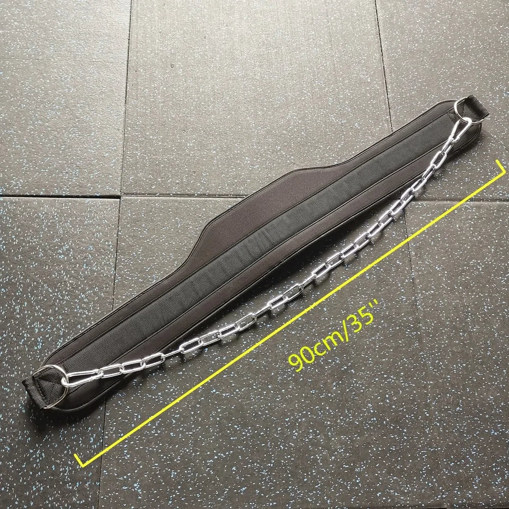 Weightlifting Dip Belt with a durable steel chain, designed for pull-ups, squats, and progressive strength training. Provides secure support and versatility for enhancing workouts, suitable for all fitness levels.- TNT Fitness Gear