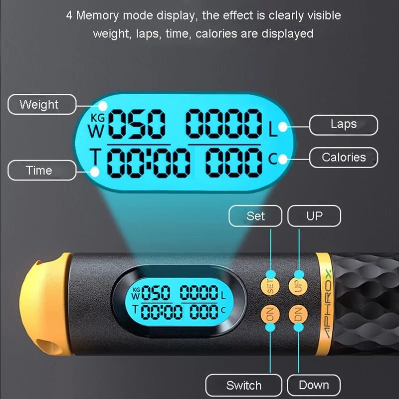 Digital Counter Speed Jump Rope designed for weight loss and fitness tracking. Features a built-in counter to monitor jumps, adjustable rope length, and a durable, lightweight design for effective workouts at home or outdoors.- TNT Fitness Gear