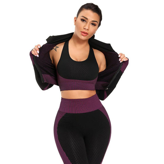 Women wearing a 3-piece training set designed for workouts and active movement
