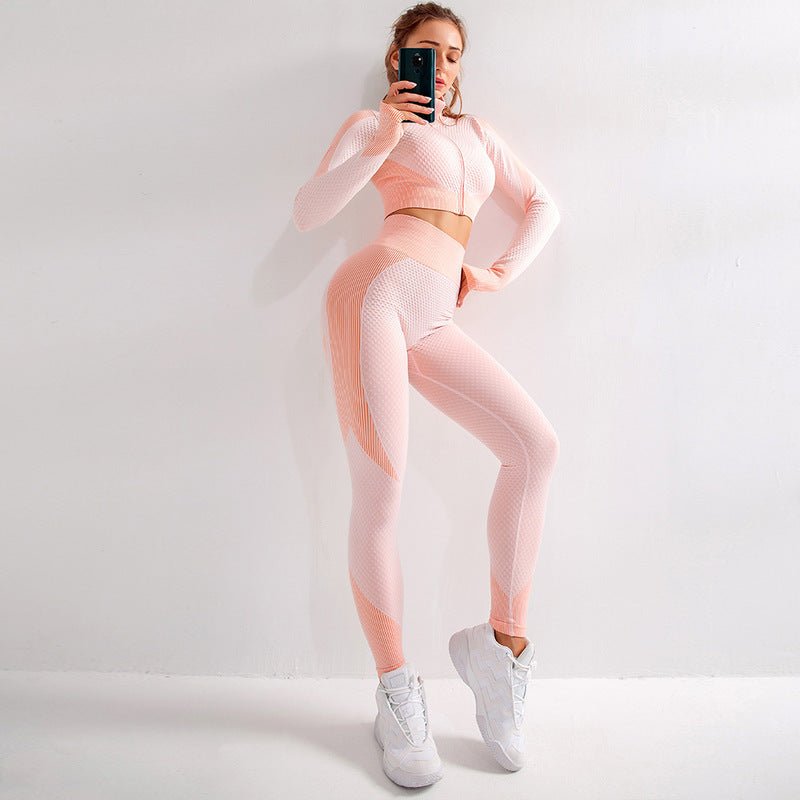 Women's Yoga Gym Suit Set featuring a soft, breathable 85% nylon and 15% spandex blend for ultimate comfort and flexibility. Designed for all seasons, available in chic black-green and orange-pink colors, with tailored sizes from S to L for a stylish, secure fit during workout - TNT Fitness Gear