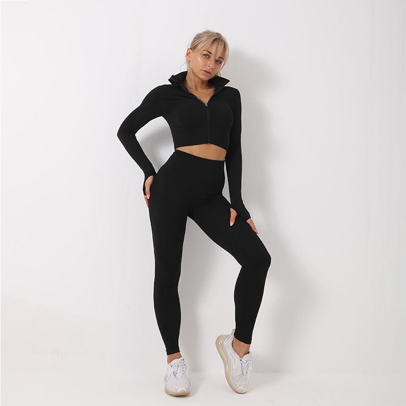 Women's Yoga Gym Suit Set featuring a soft, breathable 85% nylon and 15% spandex blend for ultimate comfort and flexibility. Designed for all seasons, available in chic black-green and orange-pink colors, with tailored sizes from S to L for a stylish, secure fit during workout - TNT Fitness Gear
