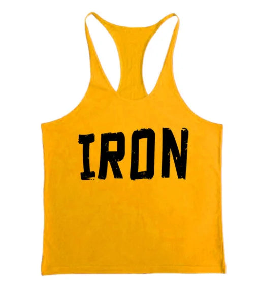 Men's Athletic Y-Back 'IRON' Printed Gym Muscle Shirt – Bodybuilding Tank Top: Lightweight and breathable tank top featuring a bold 'IRON' print, Y-back design, and thin shoulder straps for enhanced mobility and comfort during workouts or casual wear - TNT Fitness Gear