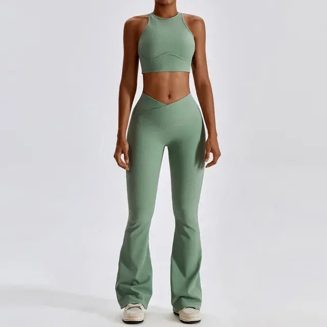 Stylish and comfortable women's two-piece fitness gym wear set featuring a matching sports bra and high-waisted leggings. Ideal for workouts, yoga, and casual wear, made from stretchy, moisture-wicking fabric