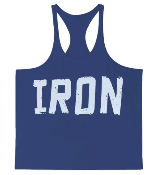Men's Athletic Y-Back 'IRON' Printed Gym Muscle Shirt – Bodybuilding Tank Top: Lightweight and breathable tank top featuring a bold 'IRON' print, Y-back design, and thin shoulder straps for enhanced mobility and comfort during workouts or casual wear - TNT Fitness Gear