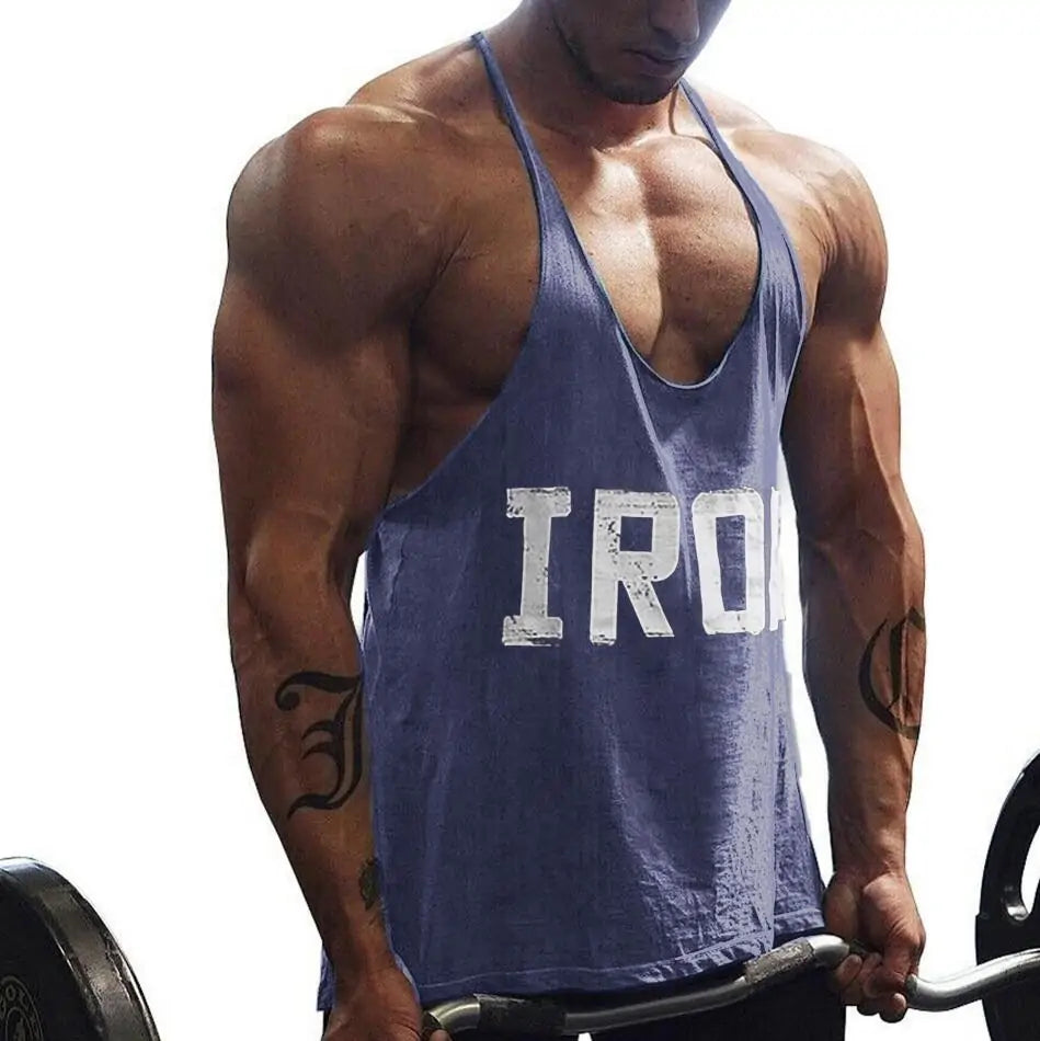 Men's Athletic Y-Back 'IRON' Printed Gym Muscle Shirt – Bodybuilding Tank Top: Lightweight and breathable tank top featuring a bold 'IRON' print, Y-back design, and thin shoulder straps for enhanced mobility and comfort during workouts or casual wear - TNT Fitness Gear
