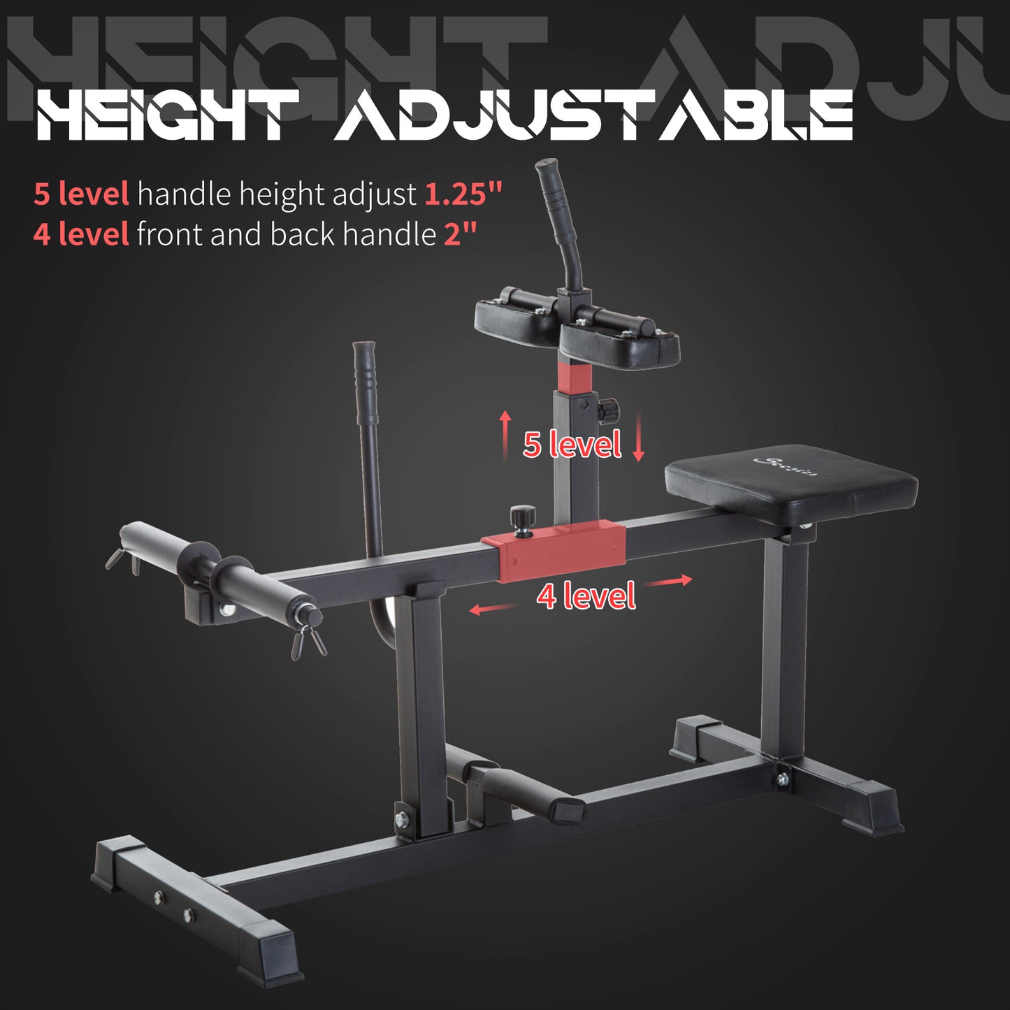 Height adjustable exercise bench with labeled features on a dark background- TNT Fitness Gear
